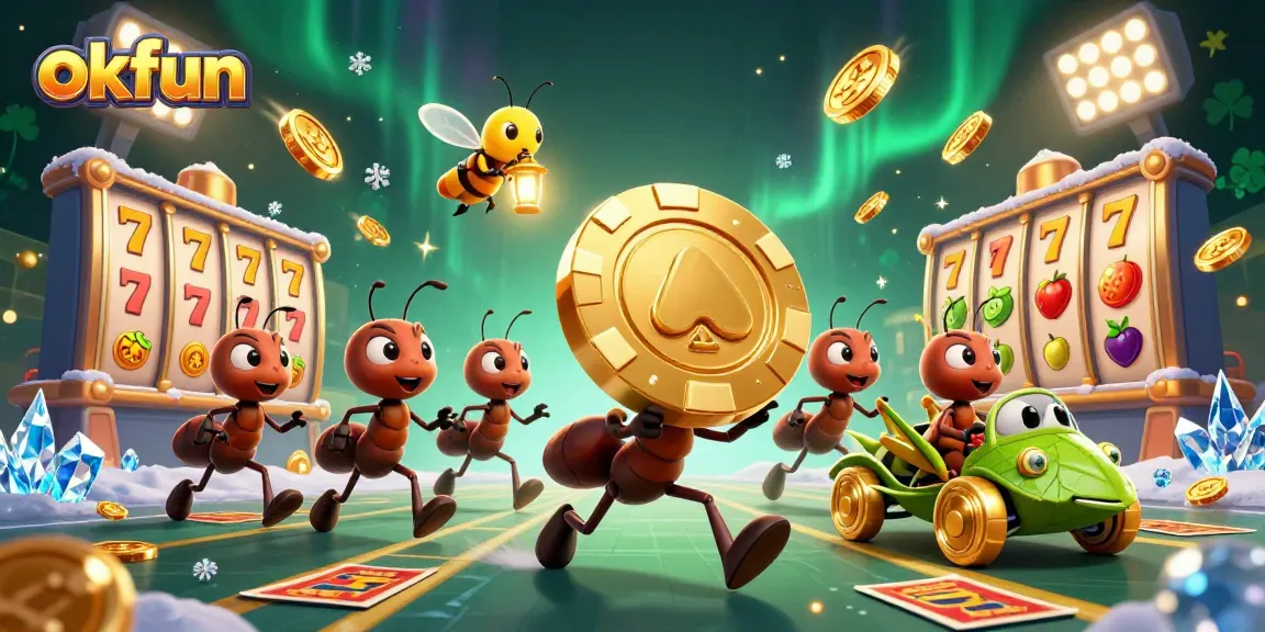 Engaging scene with okfun's playful ants heist, spinning slot reels, and vibrant casino elements.