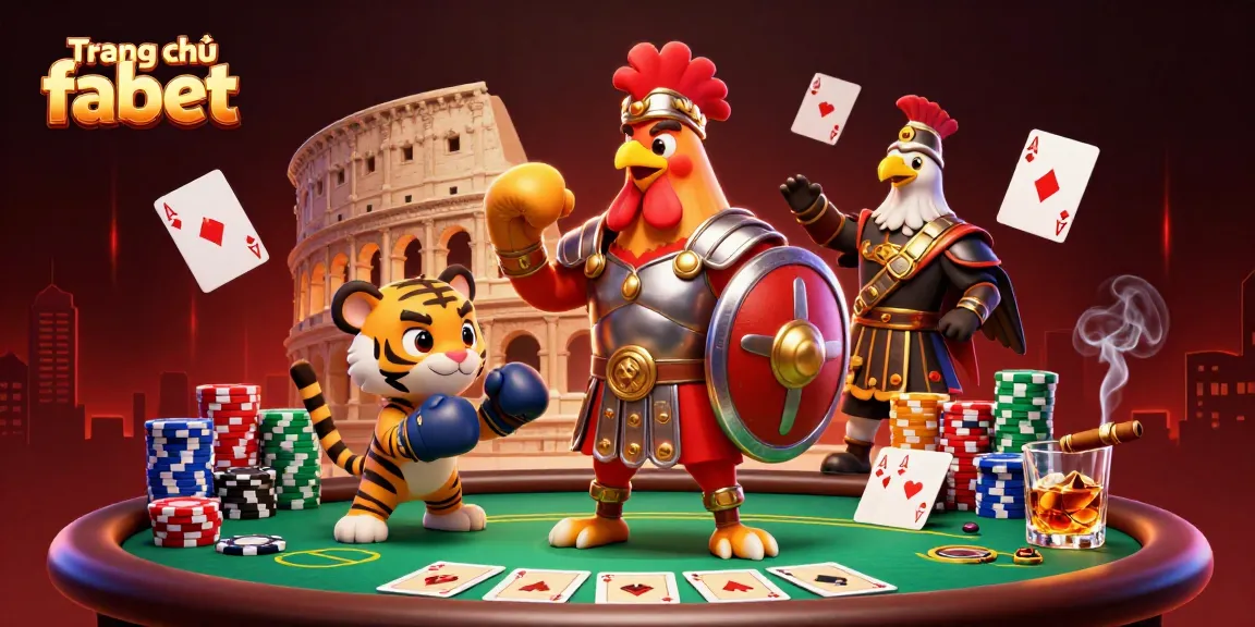 Engage with Trang chủ fabet's vibrant poker scene featuring a rooster warrior and tiger cub.
