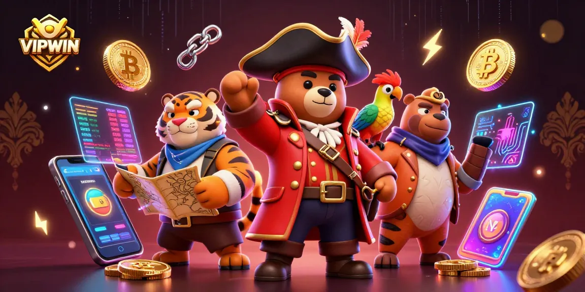 Experience the thrills at VIPWIN with a vibrant illustration showcasing a pirate captain bear, tiger, and treasure map.