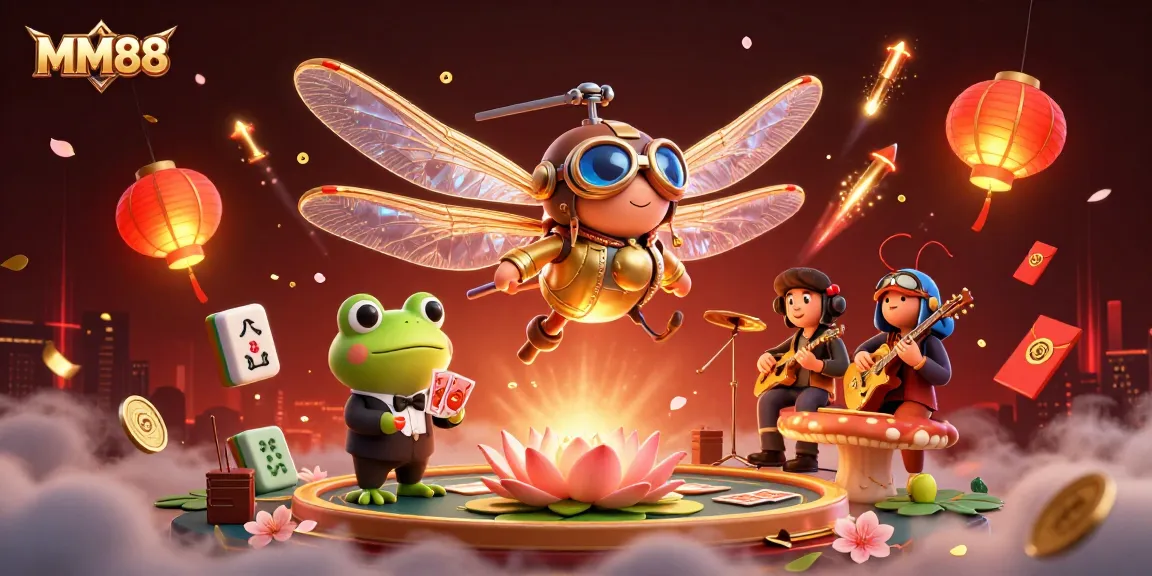 Experience thrilling gaming with MM88 at a vibrant lily pad casino featuring unique characters.