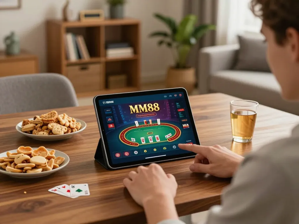 Player enjoying an online poker game on MM88 app in a cozy home setting.