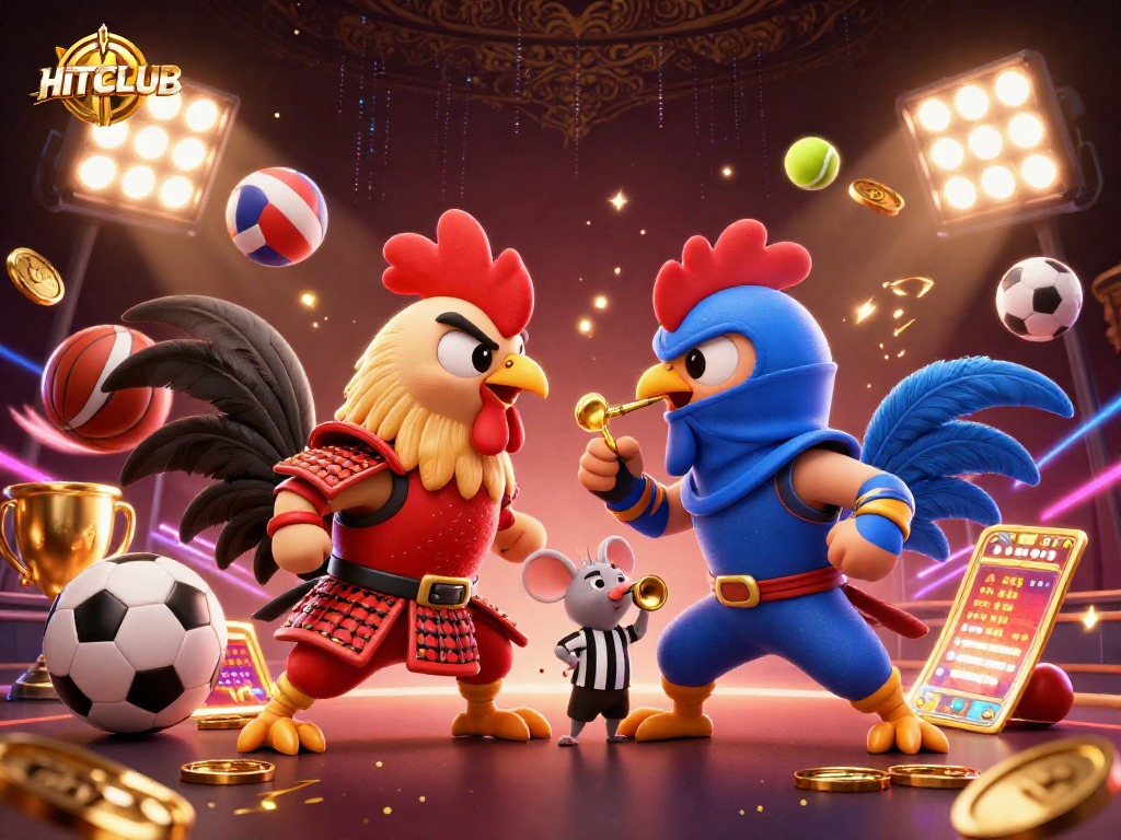 Experience the excitement at HITCLUB with dynamic 3D cartoon roosters in a thrilling showdown.