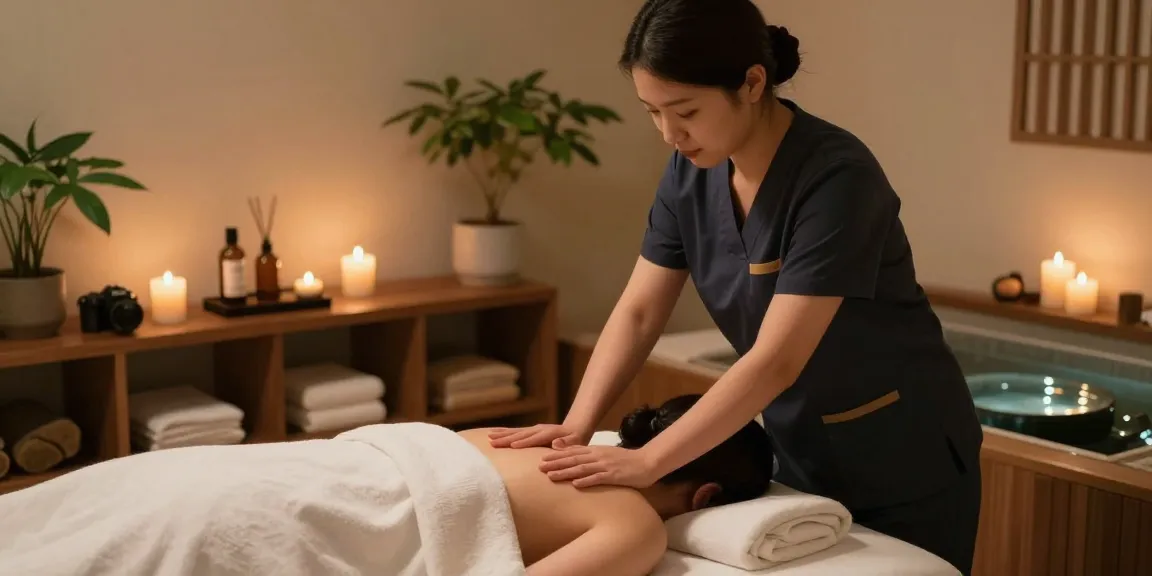 Relaxing 하남출장마사지 session in a serene spa environment with candles and plants.