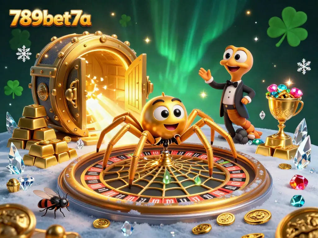 Catch thrilling moments at 789bet7a with golden spider and roulette web in vibrant casino scene.