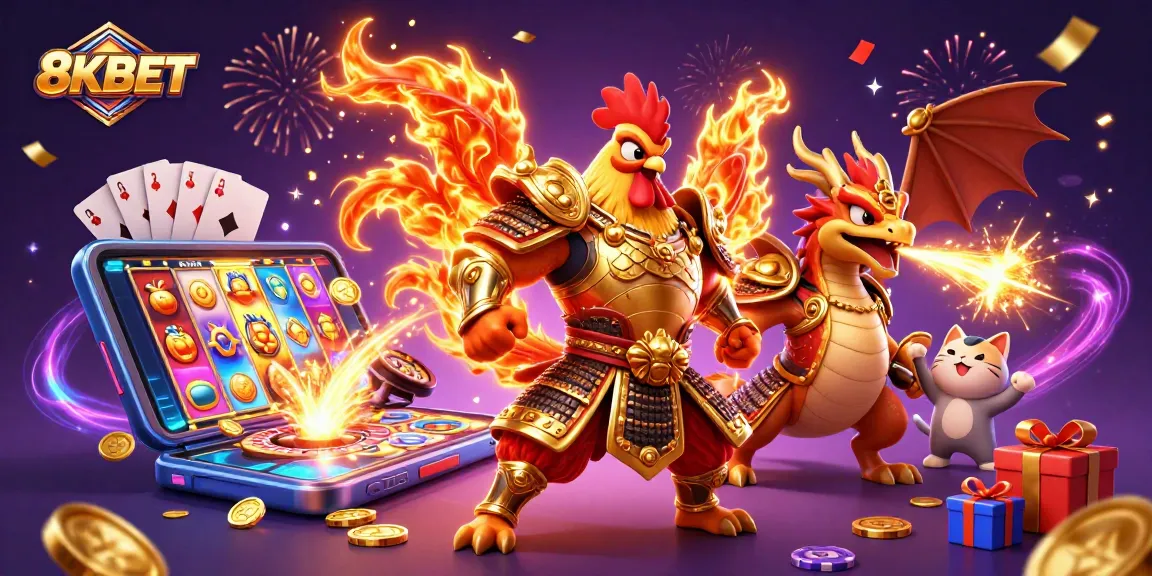 Experience thrilling gameplay at 8KBET with our cartoon-style warrior and dragon amidst vibrant casino elements.