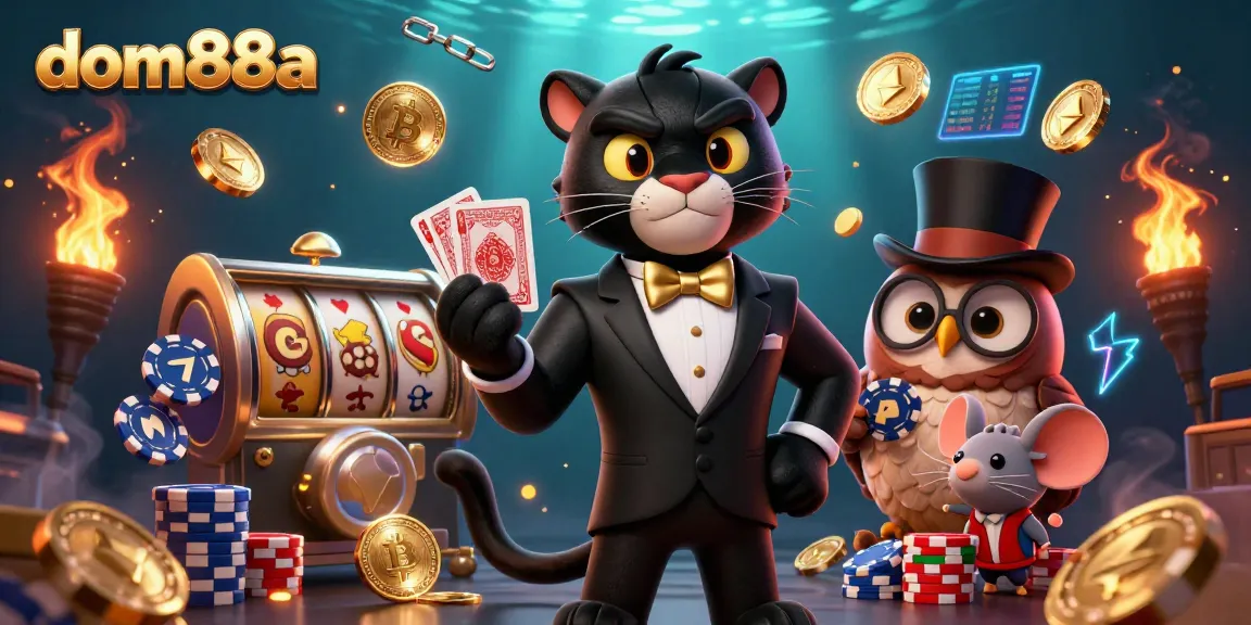 Join the excitement at dom88a with vibrant characters enjoying casino games and crypto elements.