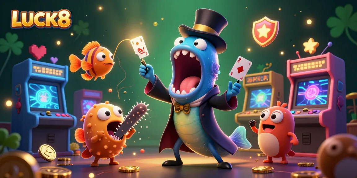 Engage with LUCK8's vibrant casino scene featuring bioluminescent characters performing magical tricks amidst dynamic gaming elements.