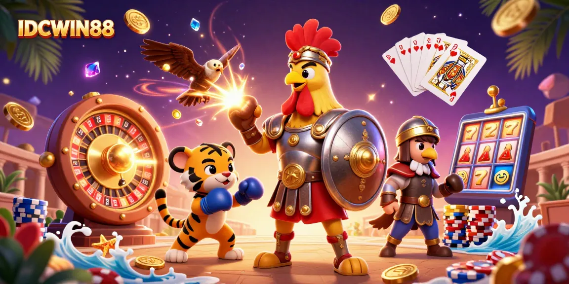 Experience thrilling gameplay at IDCWIN88 with a vibrant 3D illustration of gambling excitement and rich rewards.