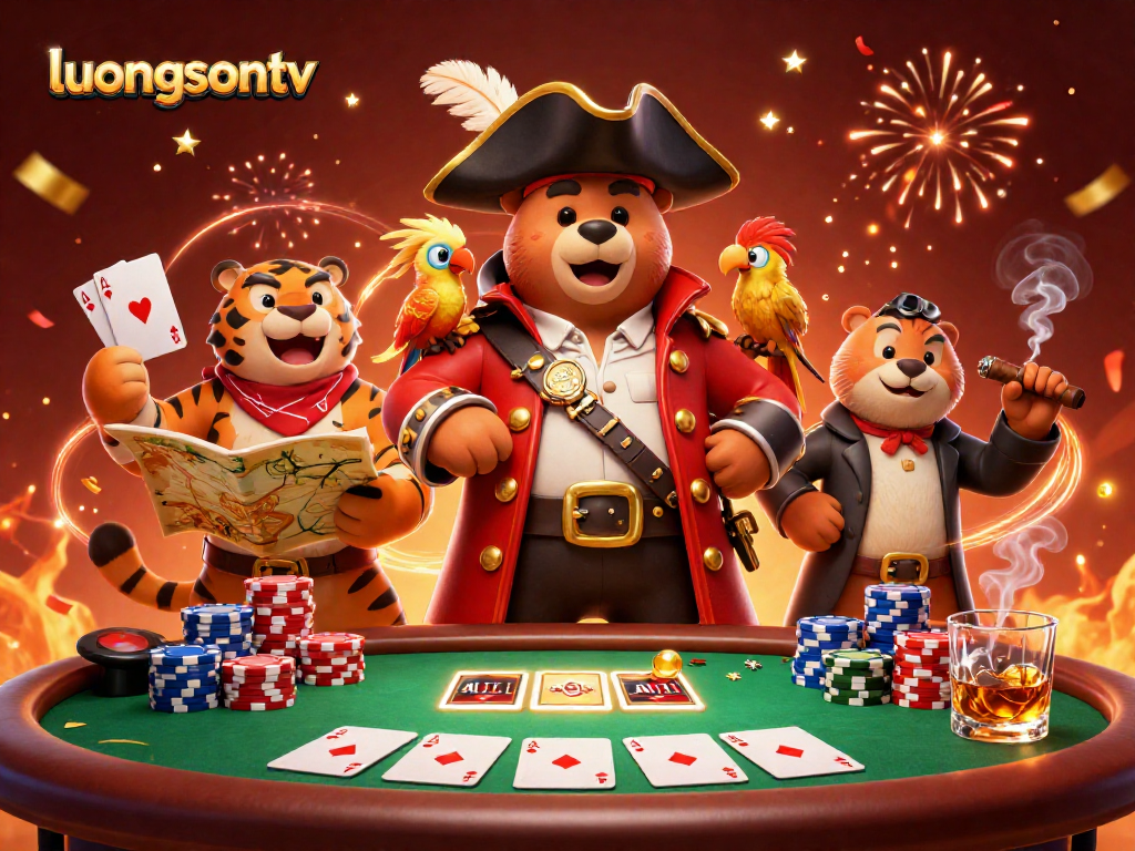 Experience thrilling moments with luongsontv's vibrant poker scene featuring a pirate bear, a tiger, and a parrot.
