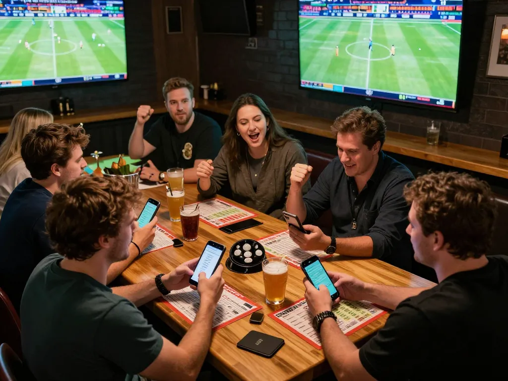 Nhận Định Kèo Oddy showcasing a vibrant sports betting atmosphere with excited patrons using betting apps.