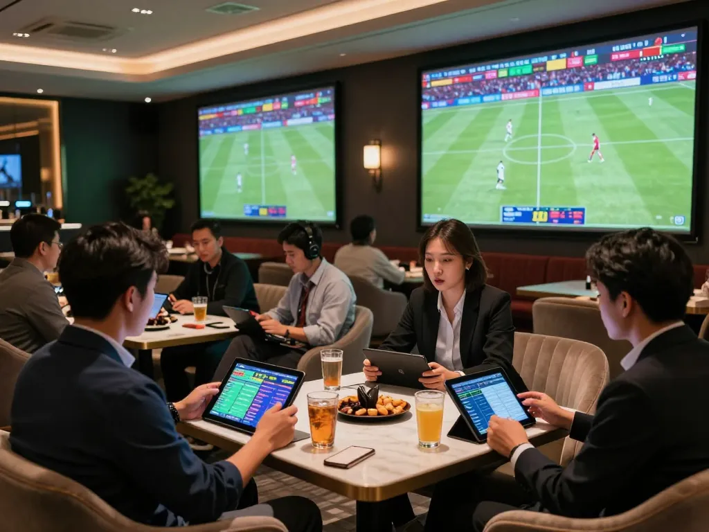 Place bets on live matches in a vibrant 7m sports betting lounge atmosphere.