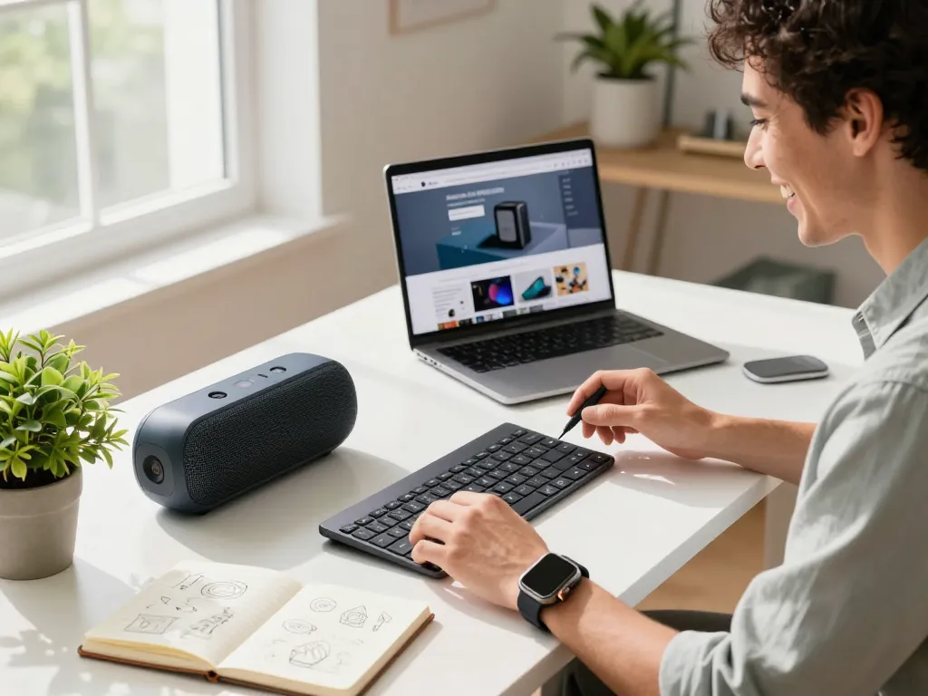 Showcasing must-have tech gadgets in a modern workspace featuring a Bluetooth speaker, multifunctional keyboard, and smartwatch.