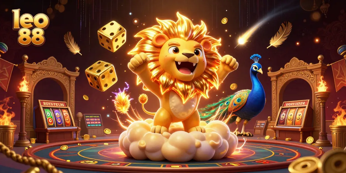 Experience thrilling wins at leo 88 with a vibrant casino scene featuring golden dice and a roaring sun lion.