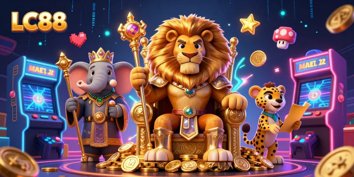 Play exciting casino games at LC88 with vibrant characters celebrating around golden coins.