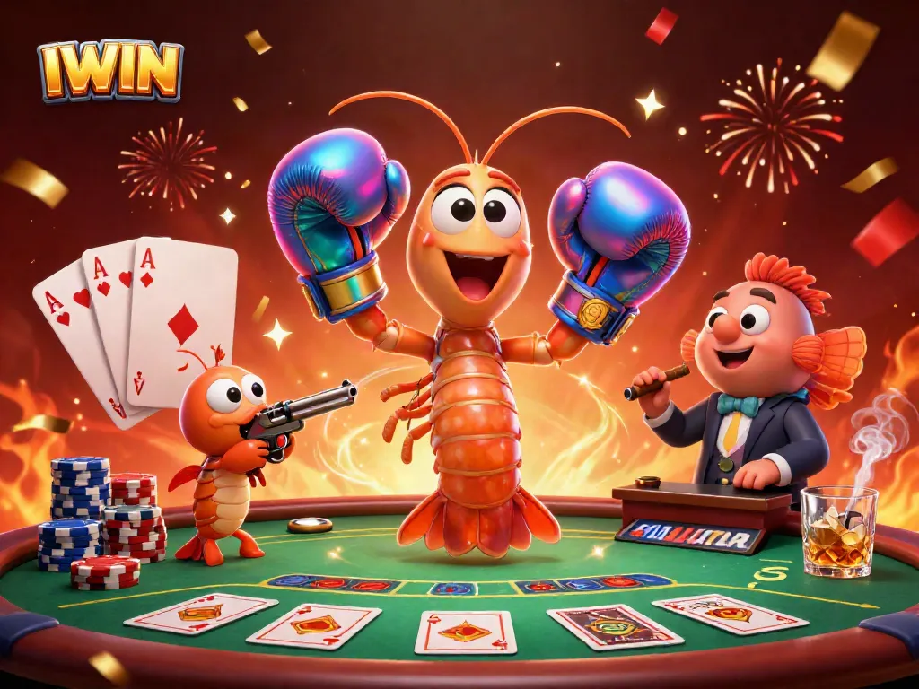 IWIN captures intense poker action with a 3D mantis shrimp and sidekick at a colorful casino table.