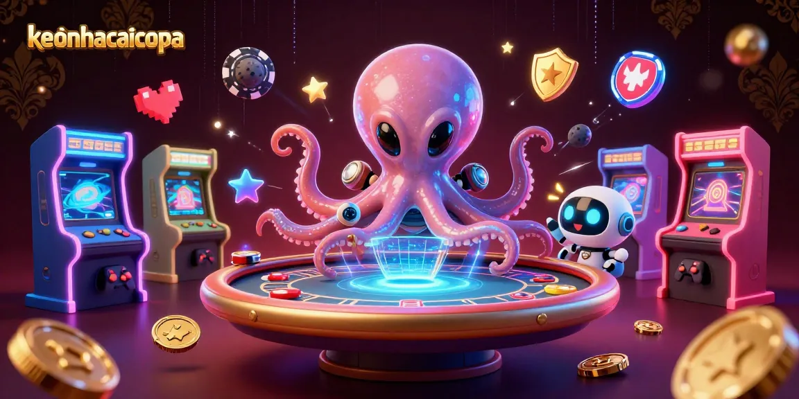 Engage in thrilling gaming adventures with keonhacaicopa's vibrant casino atmosphere featuring alien octopus and robot companions.