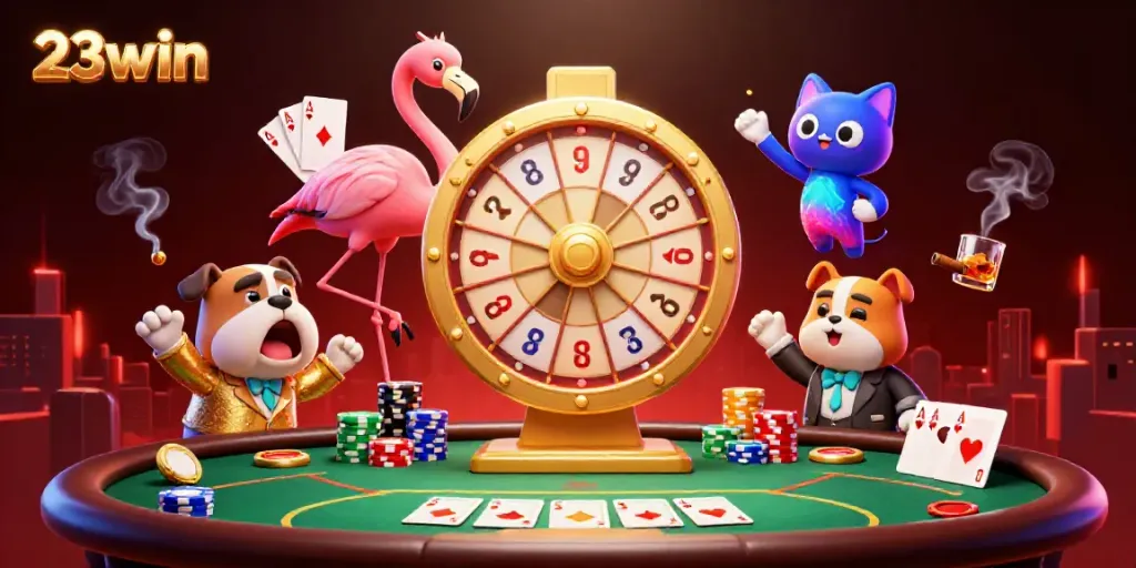 Experience excitement at 23win with a cartoon game show host and lively contestants in a vibrant casino environment.