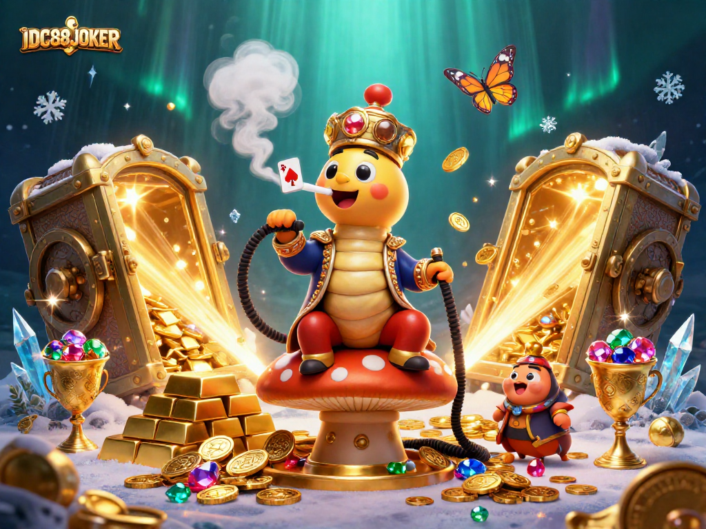 Play poker with IDC88JOKER’s vibrant 3D illustration featuring whimsical characters and casino treasures.