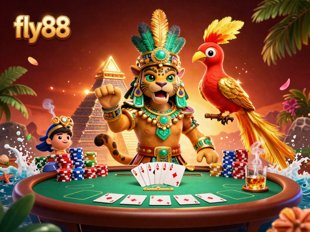 Engage with fly88's thrilling poker scene featuring a Mayan jaguar priest, aces, and vibrant decorations.