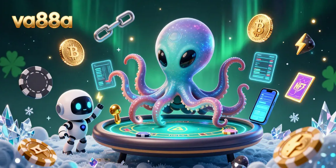 Engage with the vibrant universe of va88a featuring a whimsical octopus at a poker table, adorned with glowing crypto elements.