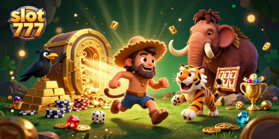 Experience the thrill of slot 777 games in a vibrant prehistoric casino scene.