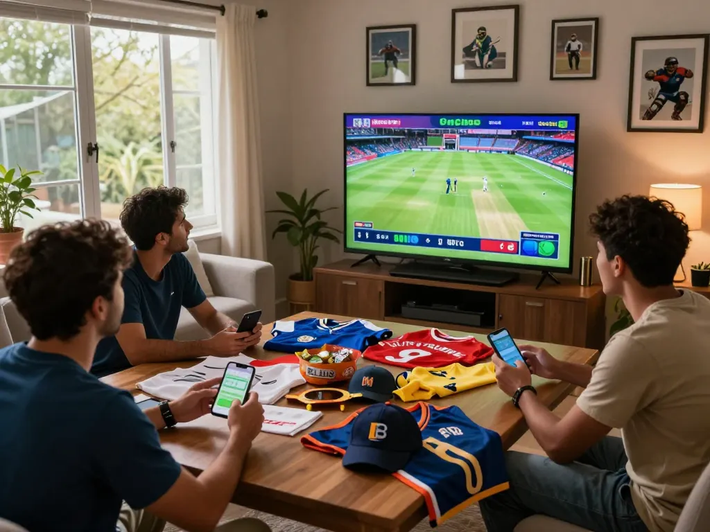 Excited friends enjoying BetVisa cricket betting while watching a live match.