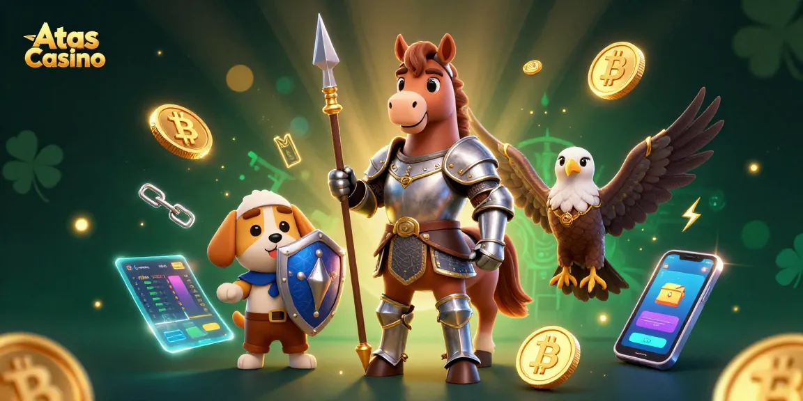 Engage with Atas Casino’s thrilling adventures featuring a medieval knight, squire puppy, and falcon amidst dynamic crypto elements.
