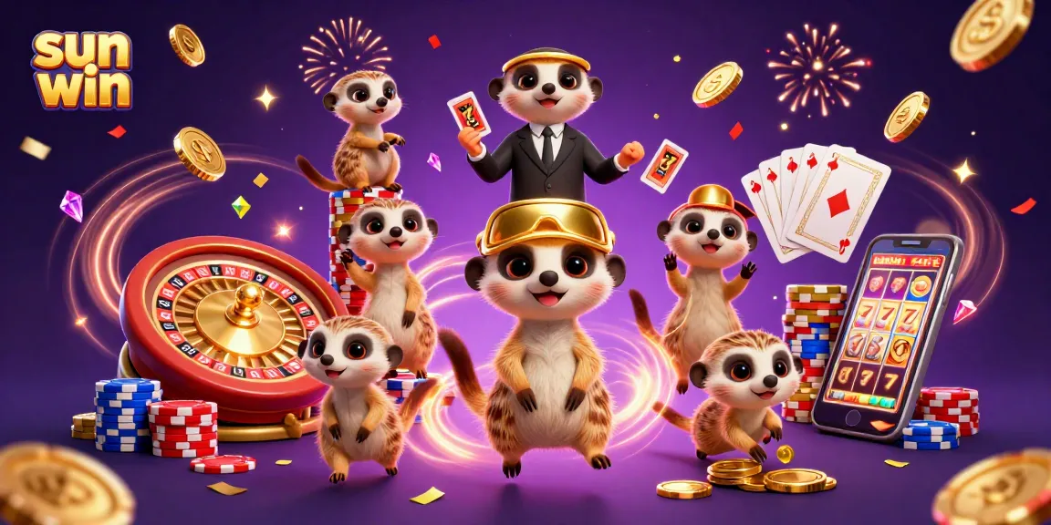 Experience excitement at sun win's vibrant casino with meerkats handling chips and spinning roulette.