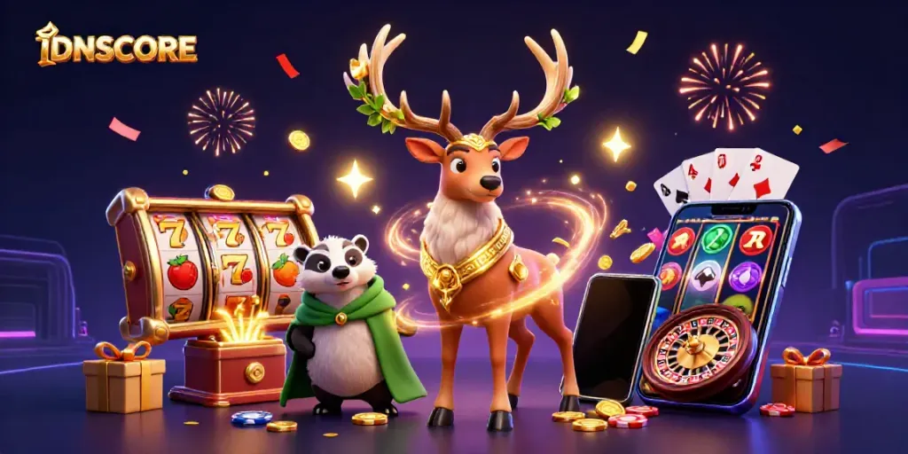 IDNSCORE features a Celtic druid stag and a wise badger amidst vibrant slot game elements.