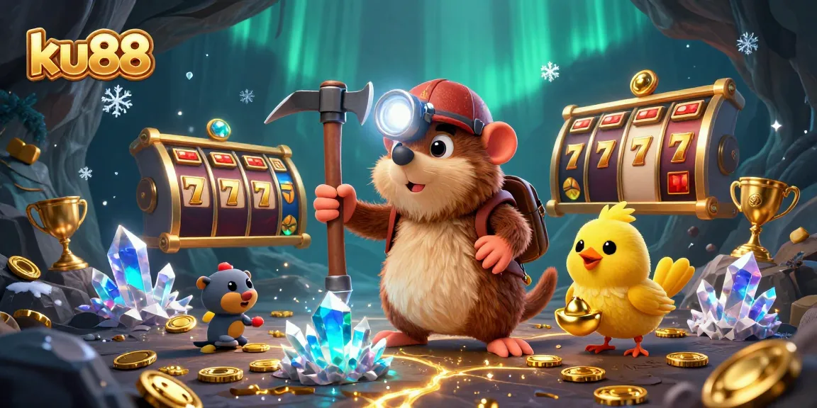 ku88 illustrates a treasure hunter mole mining gems amidst a lively casino environment.