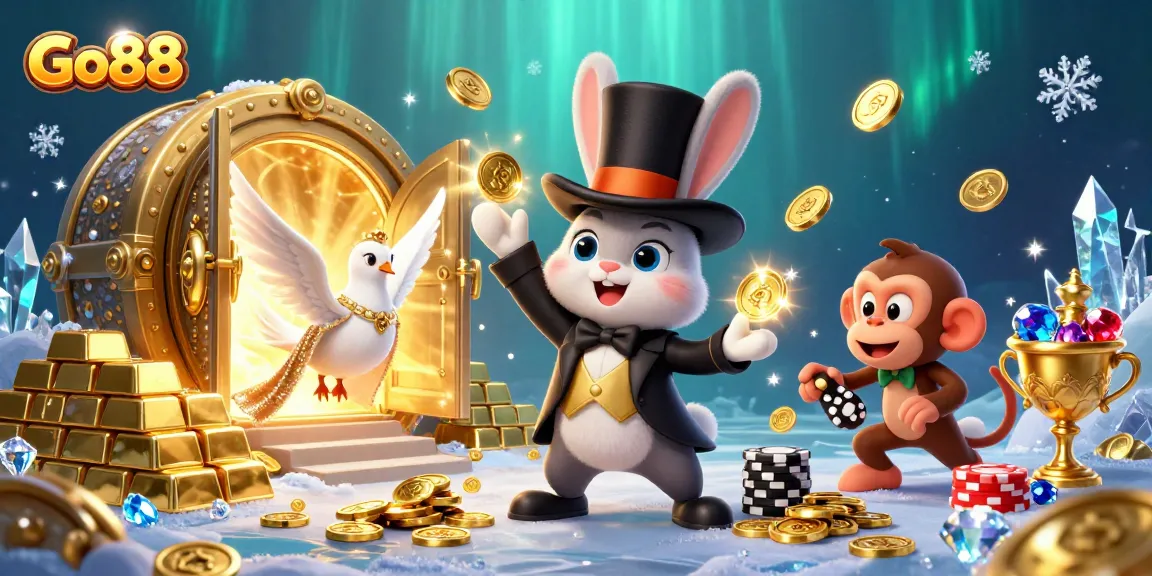 Go88 captures the excitement of winning through magical coins and playful characters in a vibrant casino scene.