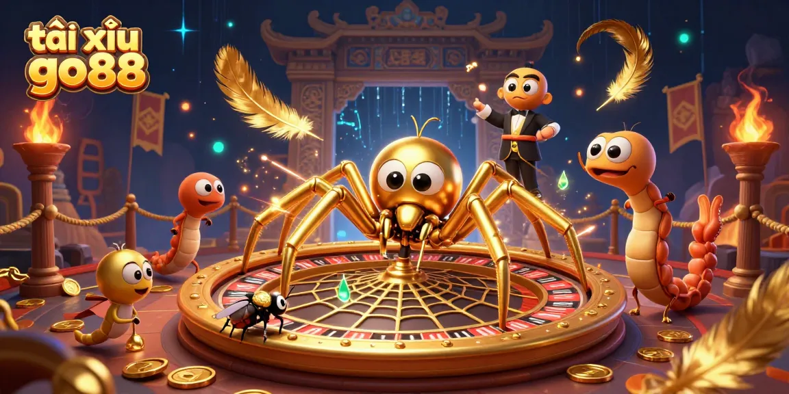 Tài xỉu go88 features a spider dealer spinning a roulette-shaped web as players engage in bets.