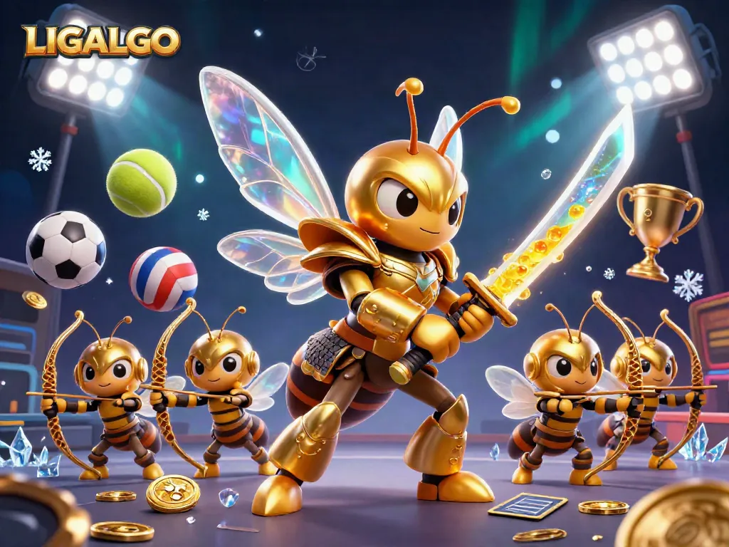 LIGALGO showcases a vibrant scene with a samurai hornet and bee archers amidst sports elements.