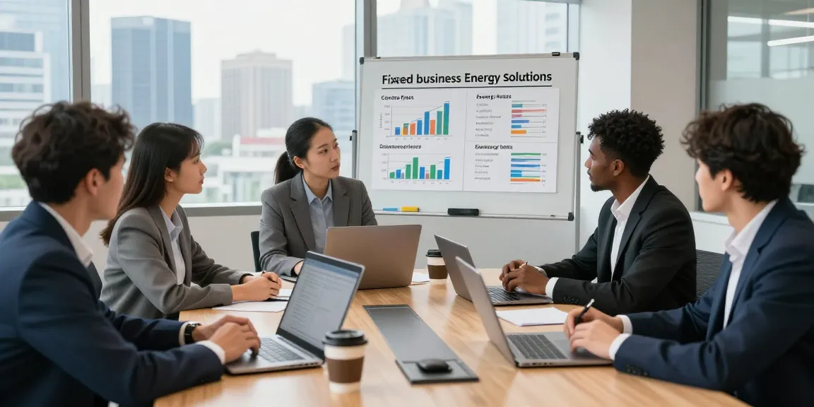 Team strategizing on fixed business energy solutions in a modern office, showcasing data-driven discussions.
