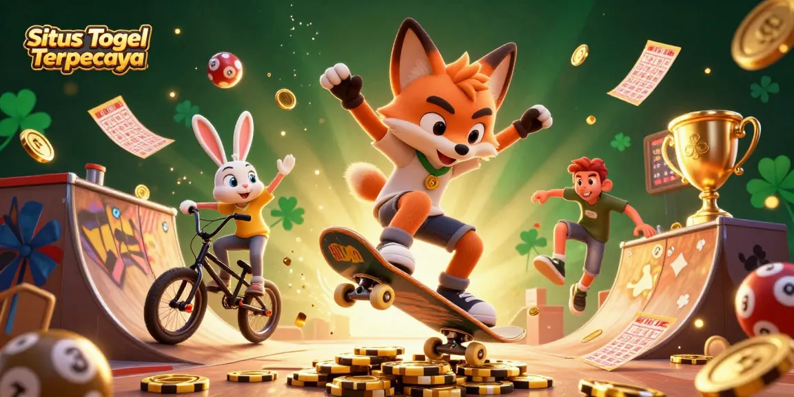 Experience the fun at Situs Togel Terpercaya with an exciting illustration of a skateboarding fox surrounded by lottery elements.