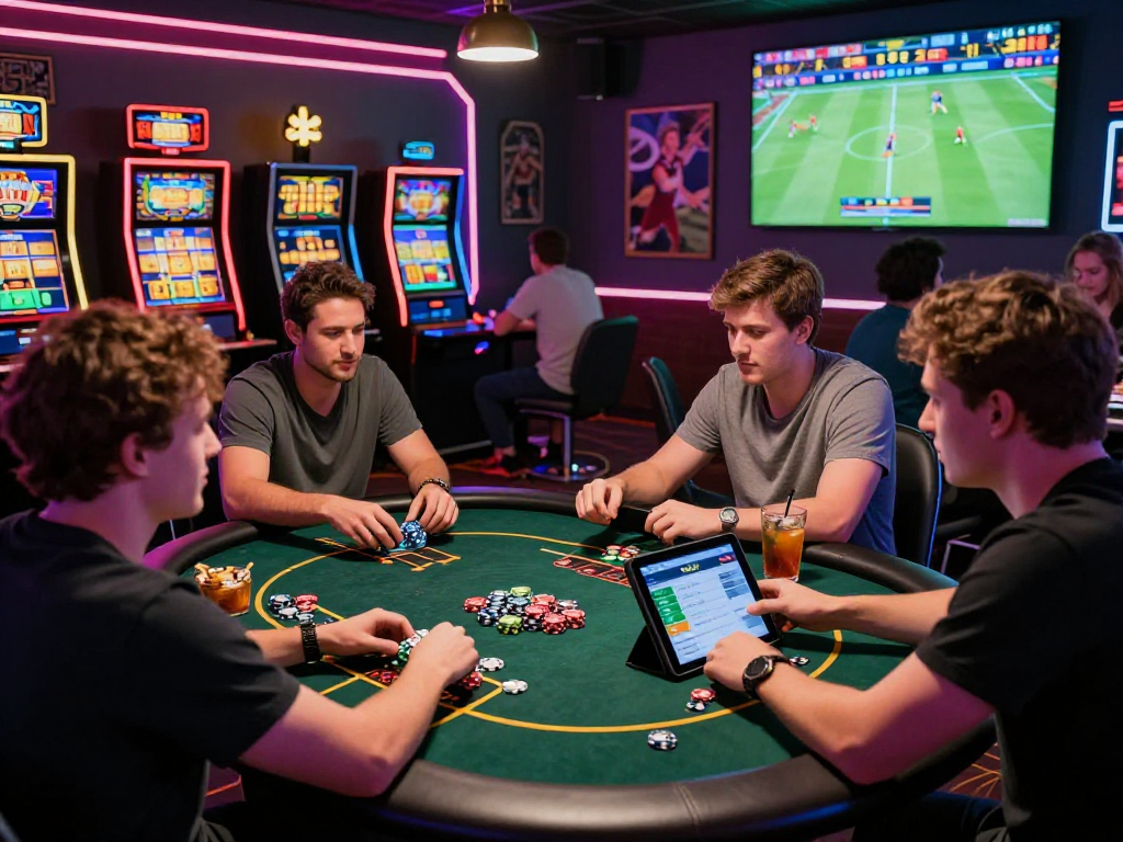 Friends excitedly engaging with the oxbet app in a lively gaming lounge.