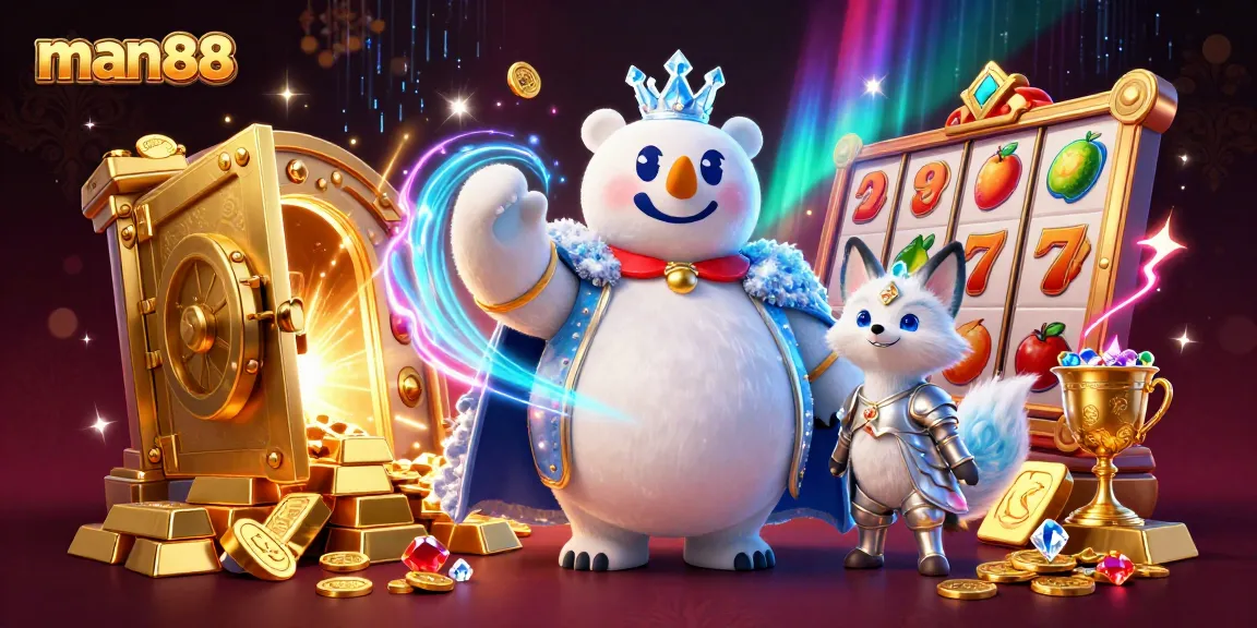 Experience exhilarating slot gaming action with man88's dynamic 3D illustration featuring a royal polar bear.