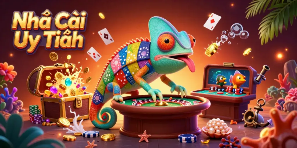 Engaging casino scene featuring Nhà Cái Uy Tín with a colorful chameleon, coins, and cash flow.