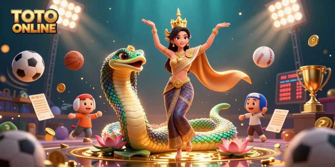 Experience TOTO ONLINE with a dynamic illustration of a Thai dancer and Naga serpent amidst casino elements.