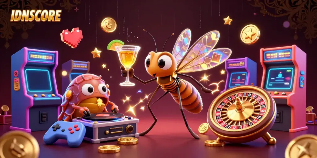 Engage with IDNSCORE's vibrant casino scene featuring unique characters and interactive gaming elements.