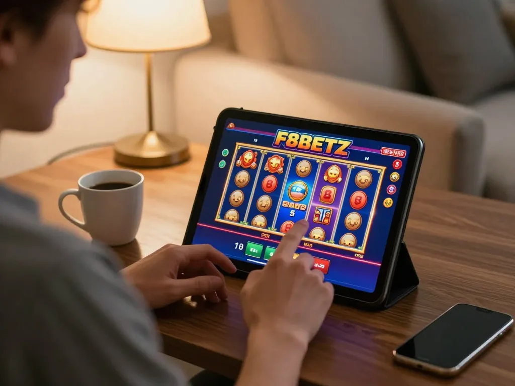 Player exploring F8BETZ gaming app on tablet in a cozy home setup, illustrating online gambling excitement.