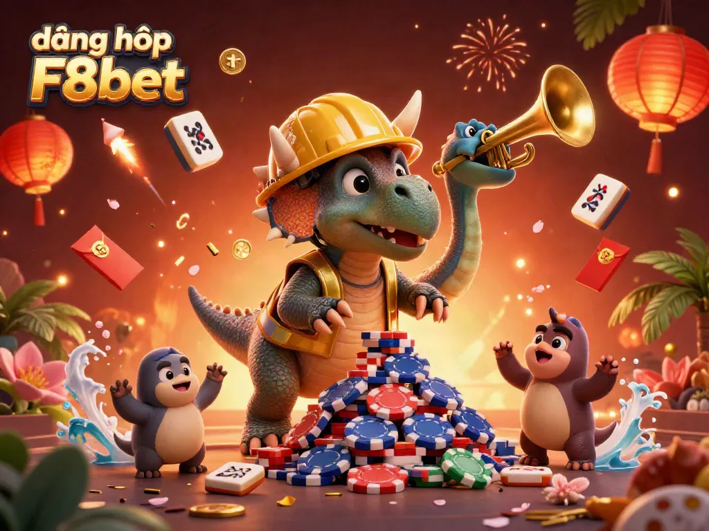 Engaging scene of celebration and gaming with đăng nhập F8bet, featuring a triceratops and casino elements.