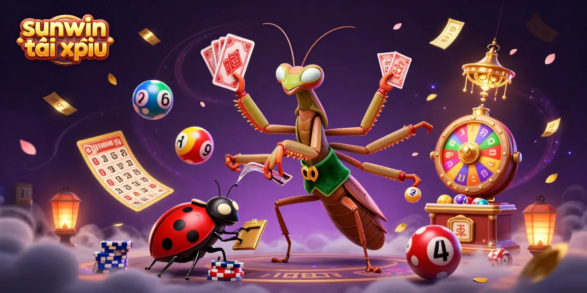 Experience thrilling gameplay with sunwin tài xỉu featuring a vibrant casino scene of a mantis dealer and ladybug.