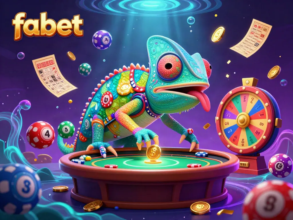 Experience the vibrant world of fabet with colorful elements like chameleon casino owner and dynamic lottery balls.