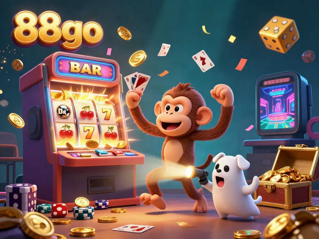 Experience the thrill of 88go's vibrant casino scene with a mischievous poltergeist monkey juggling golden treasures.