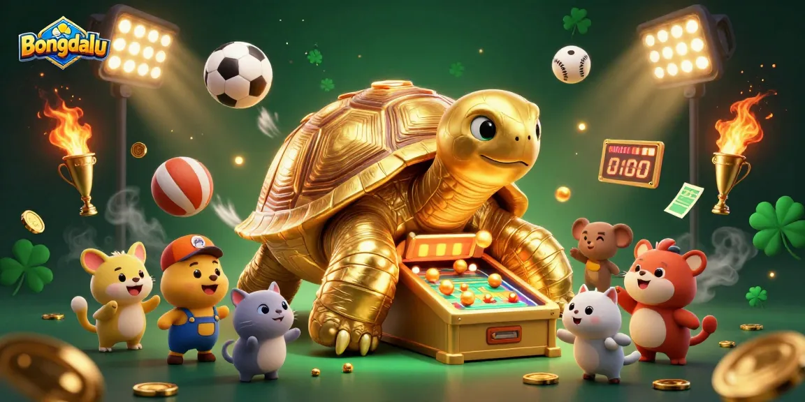 Bongdalu brings excitement with a colossal golden tortoise pinball machine amidst lively sports betting elements.