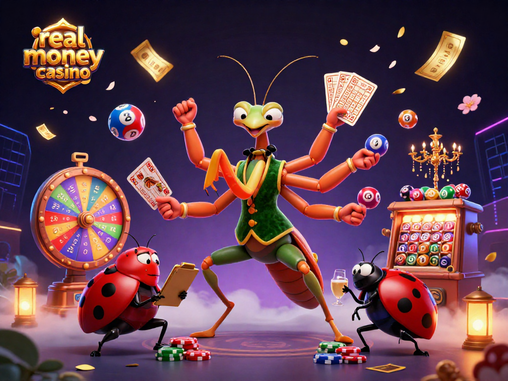 Engage with the thrill of a real money casino showcasing a giant praying mantis card sharp in action with vibrant gaming elements.