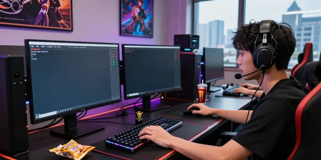 Engaged gamer focusing on live betting interface from https://ku88vt.com/ in an electrifying gaming setup.
