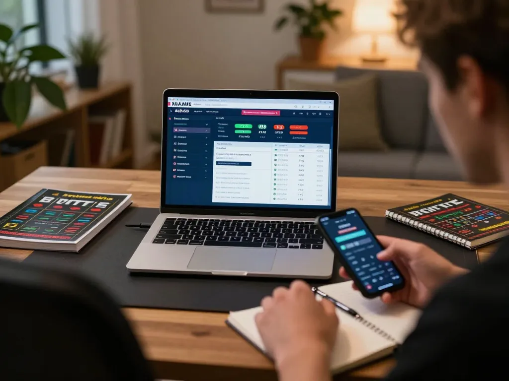 Impegnarsi nelle scommesse online attraverso bookmaker non AAMS su un laptop mentre si studiano strategie di scommessa a casa