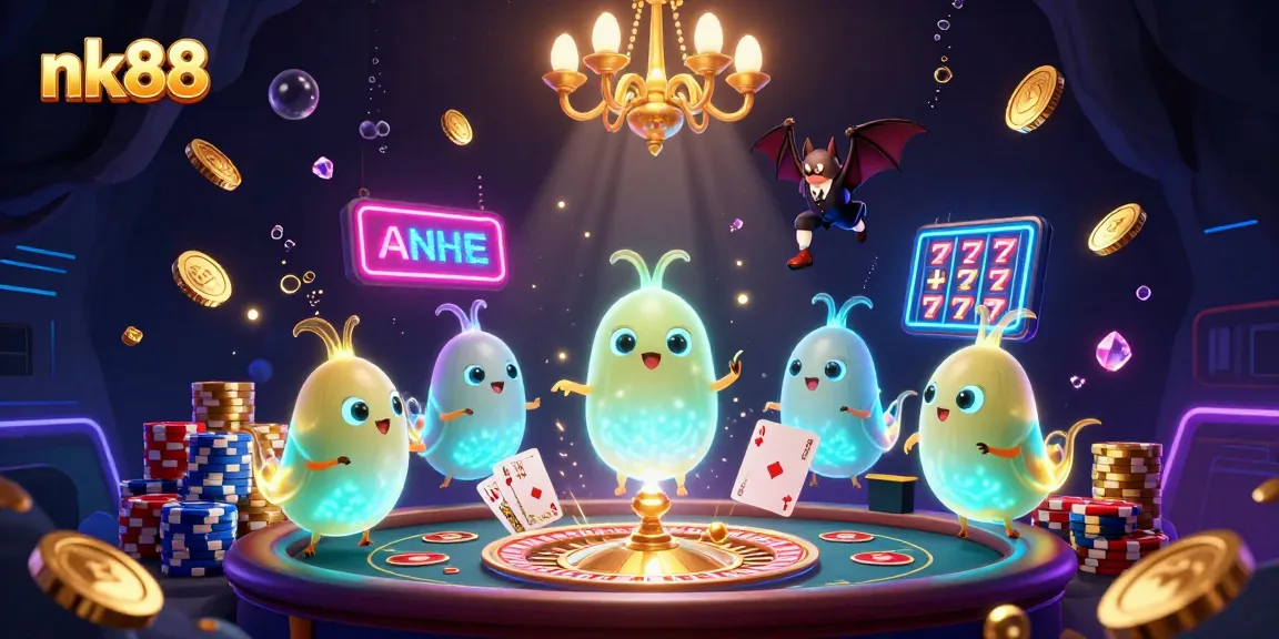 Experience nk88's vibrant casino atmosphere with glowworms lighting up games and a bat dealer in action.